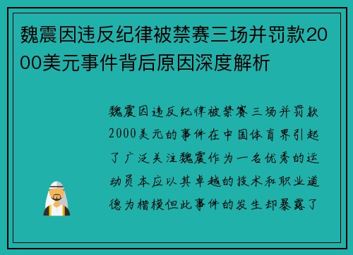 魏震因违反纪律被禁赛三场并罚款2000美元事件背后原因深度解析 魏震因违反纪律被禁赛三场并罚款2000美元事件背后原因深度解析