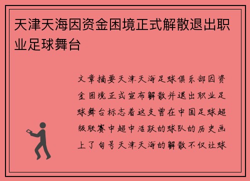 天津天海因资金困境正式解散退出职业足球舞台